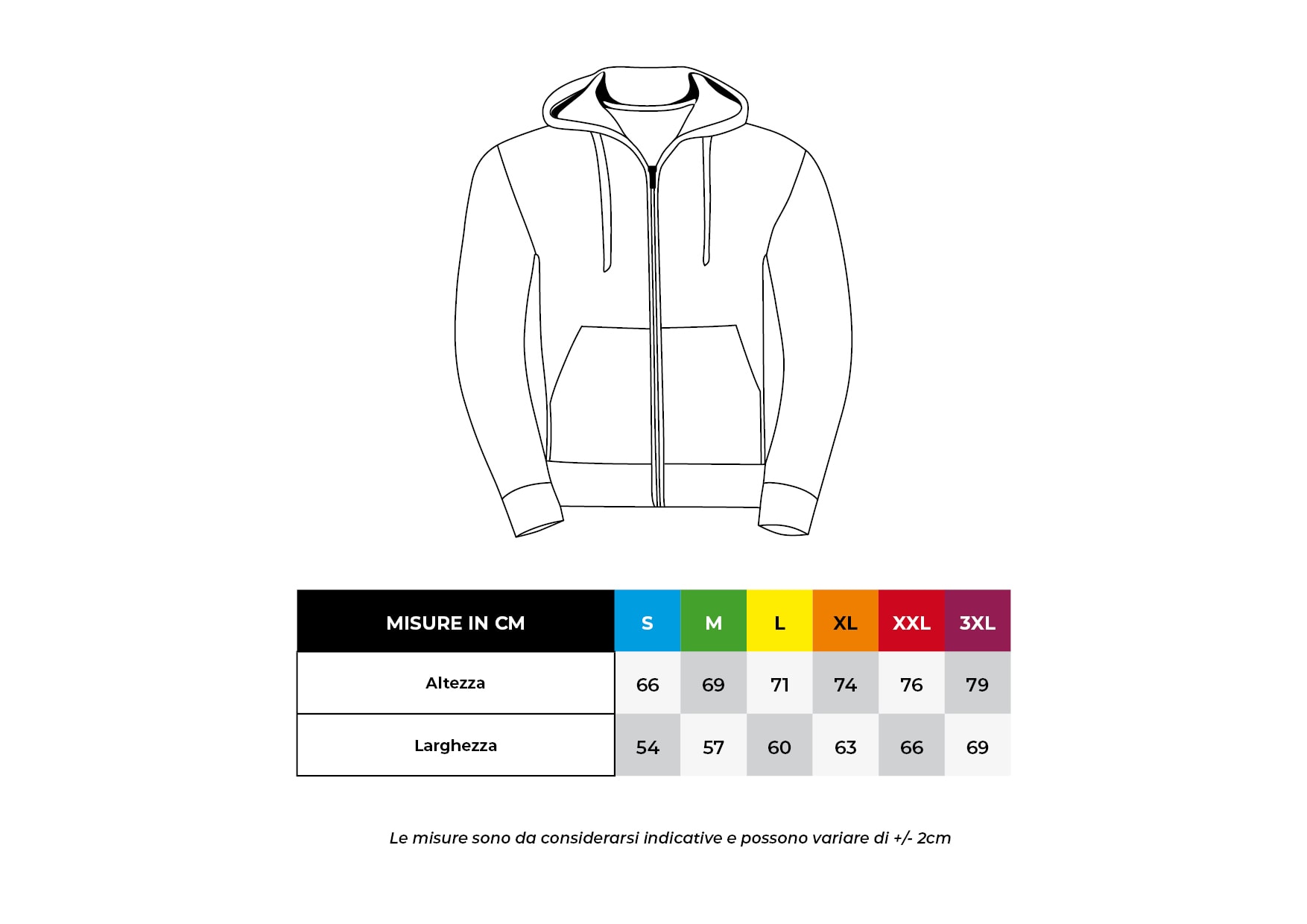 Zipper and hoodie size guide