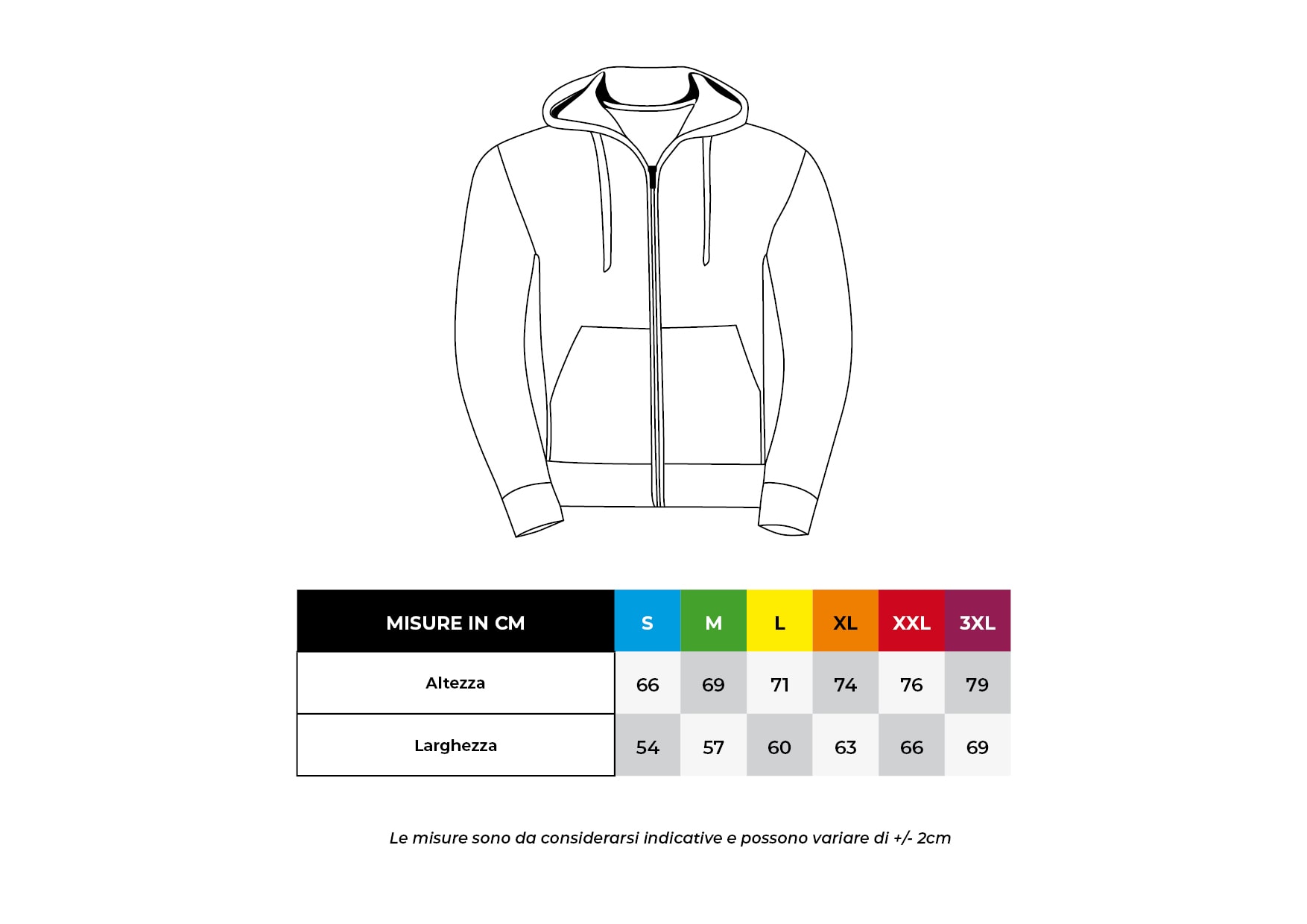 Guida alle taglie felpe con zip e cappuccio